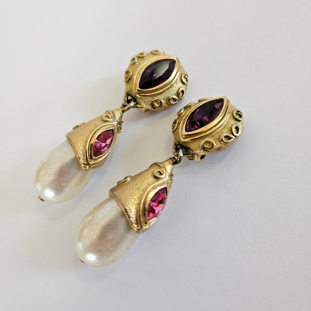 Guy Laroche Vintage Faux Pearl Gold Tone Amethyst Rhinestone Dangle Earrings